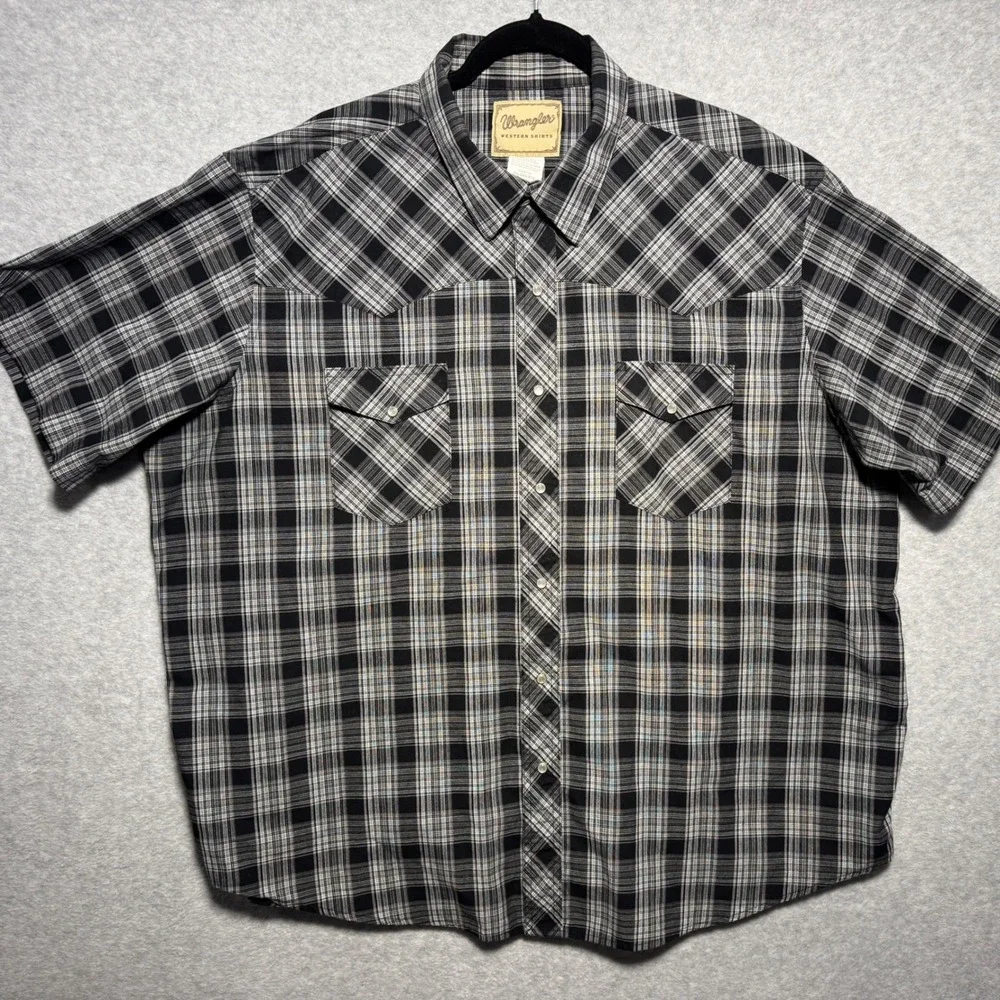 Wrangler Western Shirt Mens 2XL Black White Plaid Pearl Snap Short Sleeve - Picture 1 of 6